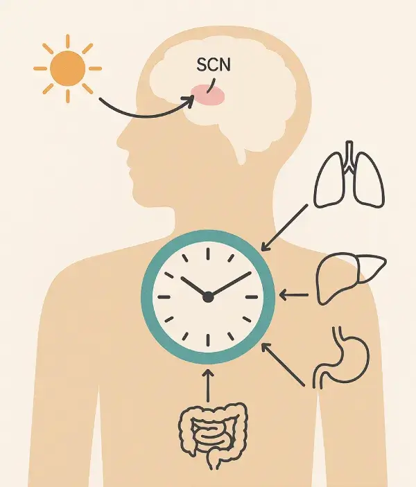 Circadian rhythm hierarchy showing the master clock in the SCN coordinating peripheral clocks throughout the body