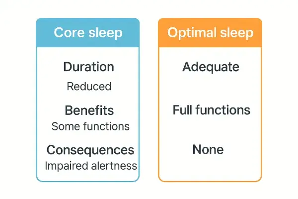 Comparison chart showing core sleep vs optimal sleep differences in duration, benefits, and consequences