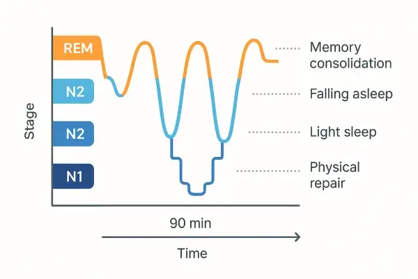 Sleep cycle architecture showing the progression through N1, N2, N3, and REM stages with their functions and timing
